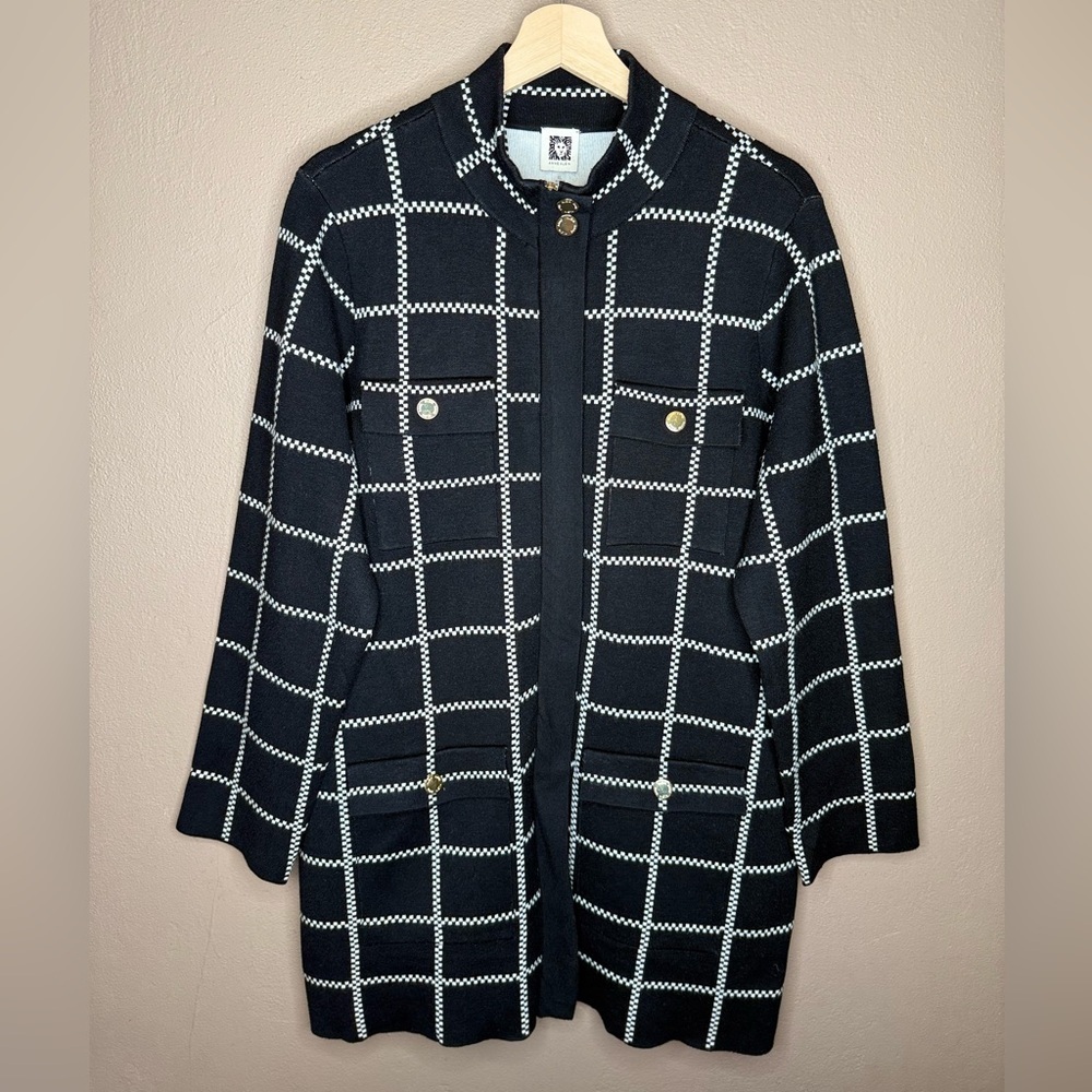 Anne Klein Black & White Plaid Checkered Jacket Cardigan Size XL Outerwear City